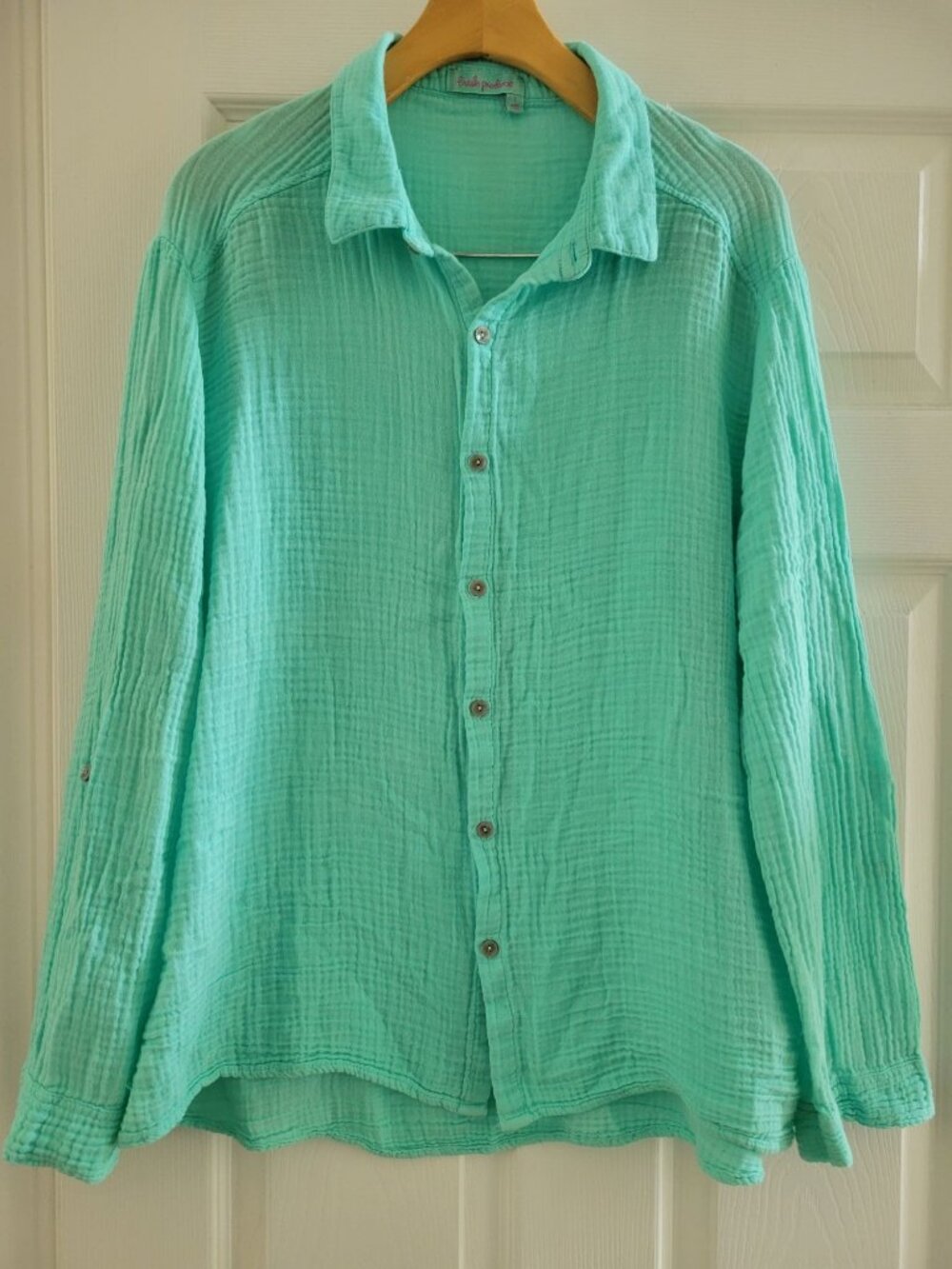 Fresh Produce 100% Double Gauze Cotton sea Glass Green button front size Large